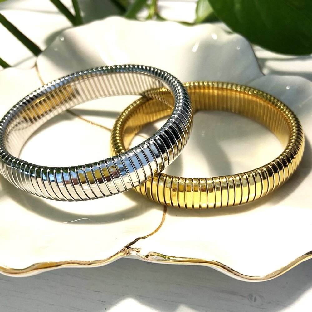 COPY - Set 2 Bangles Bracelets for Women 14K Gold Plated Chunky Elastic Bracelet